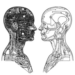 Poster - two digital human profiles with internal circuitry details in a conceptual art piece reflecting tech