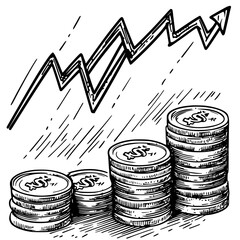 Poster - Growth in financial investment represented by stacked coins and an upward trend line in black and white illustration
