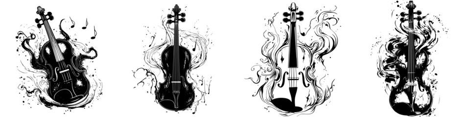 Poster - Four artistic representations of violins with musical elements and flowing designs in black and white