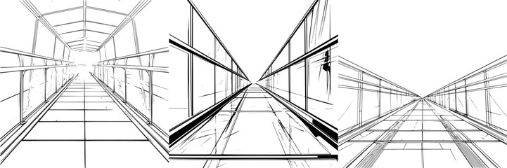 Poster - Perspective lines create a visual journey through a glass corridor with depth and interest during daylight