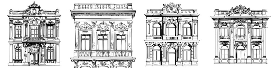 Poster - Architectural sketches of classic buildings showcasing intricate designs in a city landscape