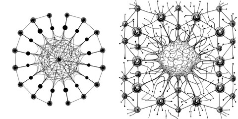 Poster - intricate network patterns showcasing connections and nodes in black and white illustrations of scie
