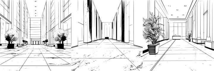Poster - Spacious modern hallway in a corporate building with greenery and ample lighting