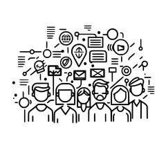 Poster - diverse group of people surrounded by digital communication icons in a modern creative concept