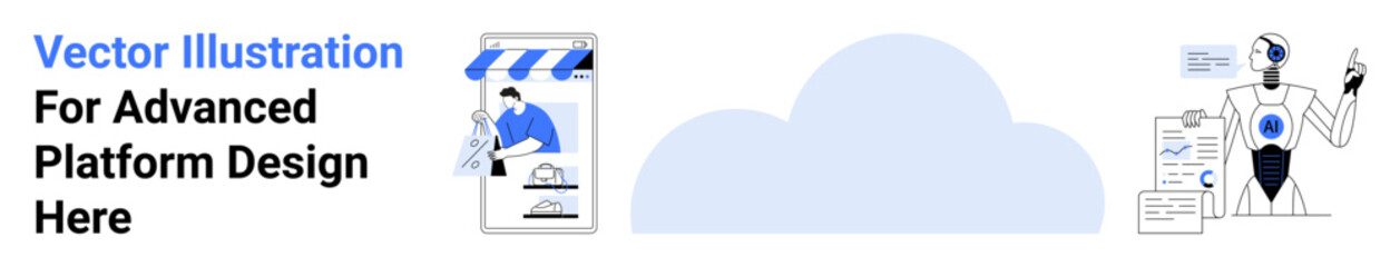 Cloud at center with e-commerce storefront on left, robot using interface on right. Ideal for technology, innovation, AI, e-commerce, automation, futuristic concepts, flat landing page banner