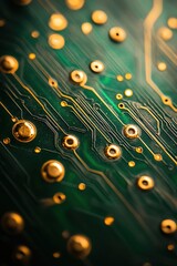 Poster - Golden Electronic Circuit Board Detail Showing Intricate Connections and Pathways in Macro View