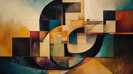 Poster - Abstract artwork geometric shapes warm colors with composition showcases a dynamic interplay of forms and hues for creating a visually engaging piece concept.