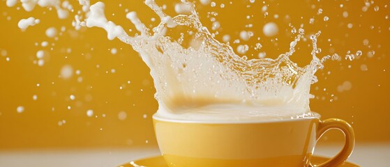Poster - Milk splashing from yellow cup on a vibrant yellow background creating dynamic movement and texture