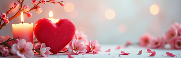 Aufkleber - A Romantic Card Features A Heart Surrounded By Candles, Flowers, And Soft Bokeh Lighting To Leave Ample Copy Space. 00001