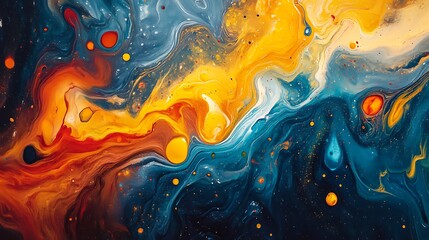 Aufkleber - Abstract painting with swirling colors with resembling a cosmic scene a mix of blues, oranges, reds creates a vibrant energetic image.