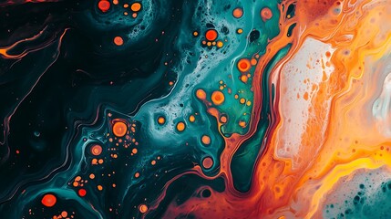 Aufkleber - Abstract artwork featuring vibrant teal, orange, black acrylic pours with Fluid textures dynamic swirls create a captivating visual experience.