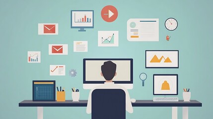 Aufkleber - Illustration of a person working at a desk with data visualizations emails other office tools for technology strategy financial analysis information planning management business marketing concept.