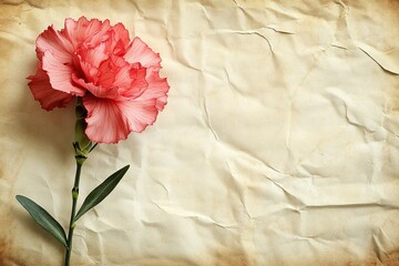 Poster - Delicate pink carnation flower on aged paper background with vintage texture and soft lighting
