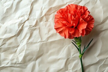 Poster - Single red carnation bloom on wrinkled paper with natural light and soft shadows creating texture