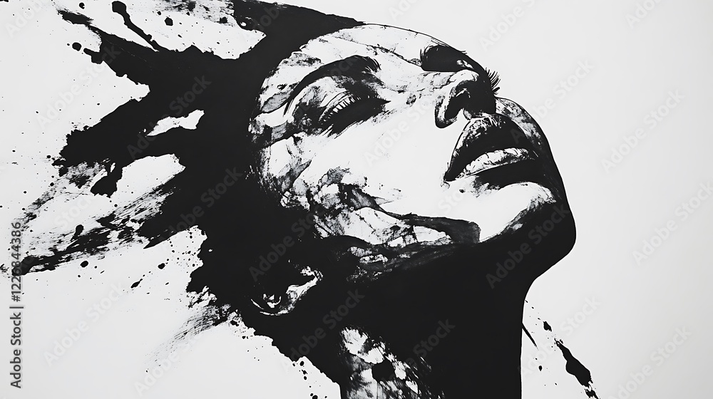 Abstract black and white ink painting depicting a woman's face with ...