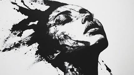 Aufkleber - Abstract black and white ink painting depicting a woman's face with full of expression emotion for bold strokes ink splatters create a powerful visual effect concept.