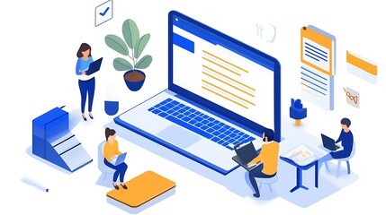Poster - Illustrative depiction of modern workplace project management collaboration teamwork with digital tools efficient workflow for technology strategy innovation solution communication business concept.