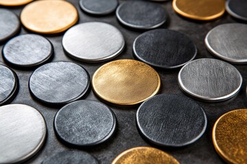Poster - Metallic circles on dark surface with gold silver and black colors in a flat lay arrangement