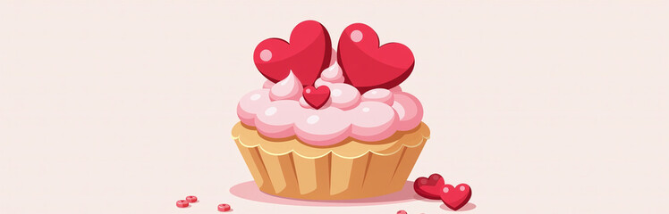 Poster - A Cupcake Or Tartlet With Pink Meringue Cream Is Decorated With Two Big Red Hearts And Small Heart Shape Candies. 00002