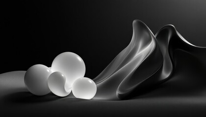 Poster - abstract composition of white spheres and flowing fabric on dark background