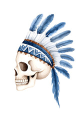 Wall Mural - Watercolor native American skull with Indian headdress  artwork isolated on white background