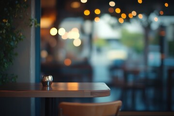 Wall Mural - Empty cafe table, evening lights, outdoor seating, city bokeh