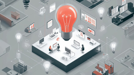 Poster - Business infographics in lightbulb shape with office and computer icons, elements or signs