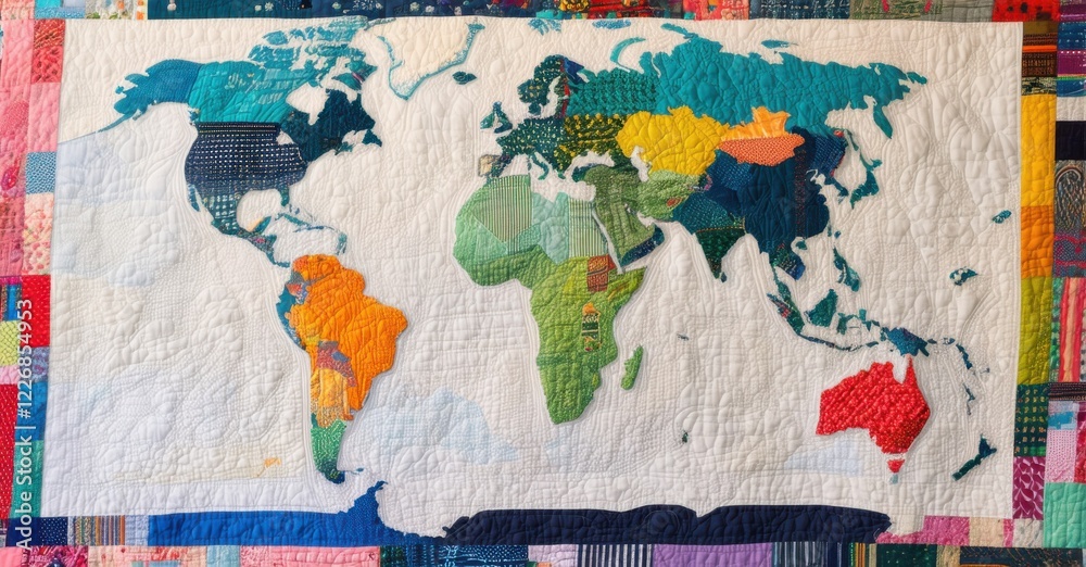 Patchwork quilt depicting a world map, stitched from diverse fabrics ...