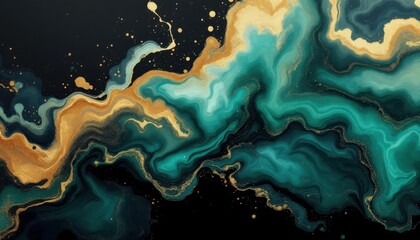 Poster - Abstract teal and gold flowing liquid art on black background