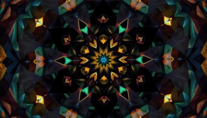 Poster - Vibrant geometric kaleidoscope pattern with symmetrical abstract design