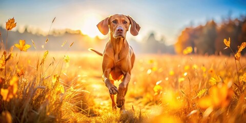 Poster - A Hungarian Vizsla dog running freely in a field of golden autumn leaves and tall grass under a clear blue sky with the sun shining down on its back, wildlife, dog