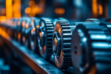 Poster - Gears rotating in a complex industrial machine, teamwork and precision concept