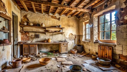 Crumbling kitchen walls with old wooden beams and broken pottery scattered on the floor, old house