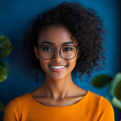 Wall Mural - Happy smile woman African American beautiful wearing glasses in vibrant orange monochromatic setting against blue background