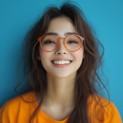 Wall Mural - Happy smile woman Asia beautiful wearing glasses in vibrant orange monochromatic setting against blue background