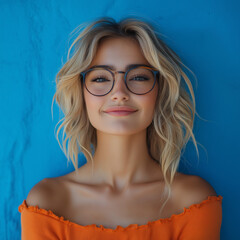 Wall Mural - Happy smile woman beautiful wearing glasses Blonde hair in vibrant orange monochromatic setting against blue background