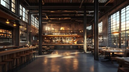 Poster - Industrial style restaurant with wooden furniture and large windows illuminating dining area