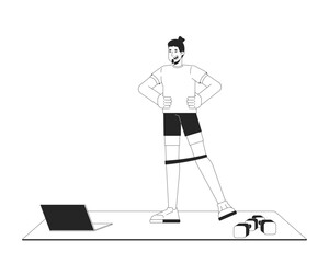 Poster - man doing resistance band exercise on yoga mat with laptop black and white 2d line character. online