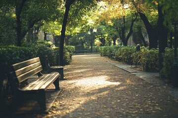 Wall Mural - Autumn park bench path sunlight tranquility nature