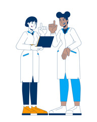 Poster - female stem scientists collaborating on research cartoon flat illustration. two diverse women in lab