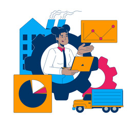 Poster - Black woman analyzing industrial and logistics data 2D illustration concept. Supply chain. African american female manager cartoon character isolated on white. Metaphor abstract flat vector graphic