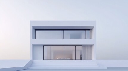 Poster - A modern two story white house with large windows stands against a pale sky minimalistic design architecture