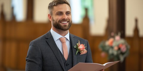 Canvas Print - A man in a suit and tie is smiling and holding a book. He is wearing a tie with a flower on it