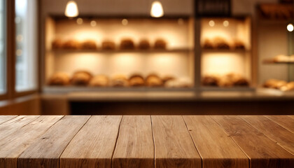 empty wooden table in front with the blurred bakery is background