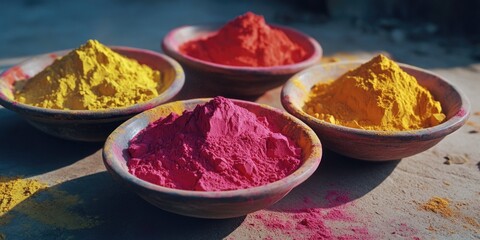 Wall Mural - Four bowls of different colors of powder, one of which is yellow. The bowls are arranged in a row on a table