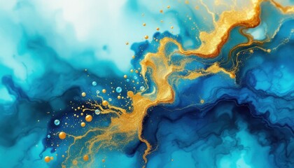 Poster - Golden and blue abstract fluid art with dynamic swirls and vivid contrast