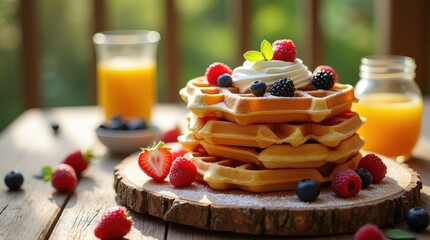 Wall Mural - Warm golden viennese waffles served with fresh berries at outdoor breakfast