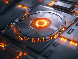 Poster - Cybernetic Core: Close-up of a futuristic, metallic circular core with glowing orange light, intricate details, and technological textures.  Suggests power, innovation, and advanced technology. 