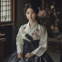 Wall Mural - A woman wearing a traditional Korean hanbok, with a simple and elegant style. 