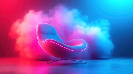 Poster - Neon-lit armchair in smoky studio, futuristic design